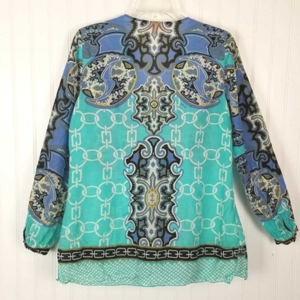 Hale Bob Cabana Silk Cotton Blend Long Sleeve Tunic Top Medium Blue Boho Print